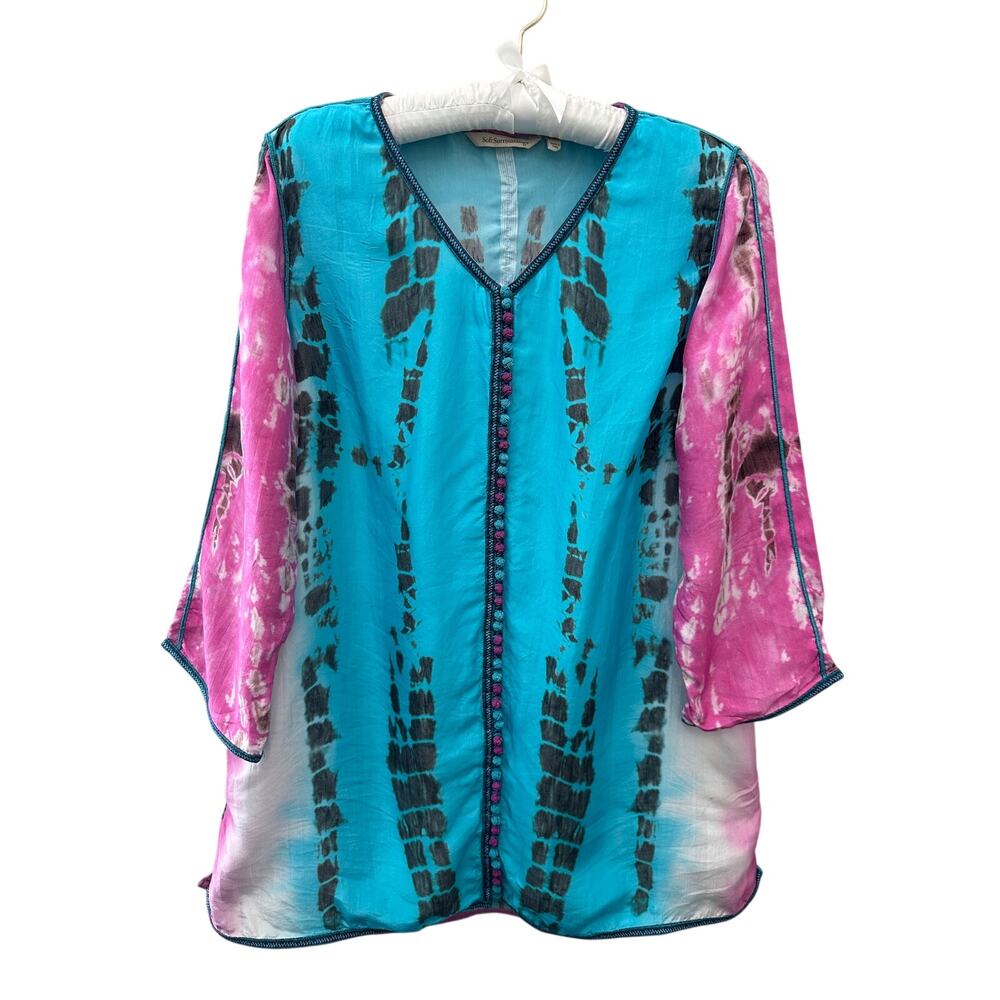 SOFT SURROUNDINGS Silk Tie Dye Tunic Top Turquoise Pink 3/4 Sleeve Medium Boho